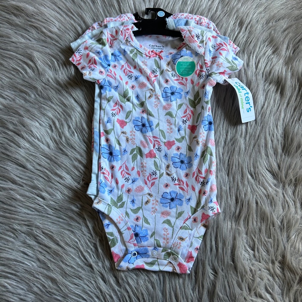 Carter's Child Of Mine Bodysuits Girls‎ Size 3-6 Months Flower Bird Cotton
